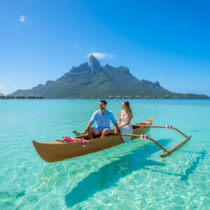 Couple marchant sur une plage de rêve pour un voyage de noces en Polynésie française, avec bungalows sur pilotis et montagne.