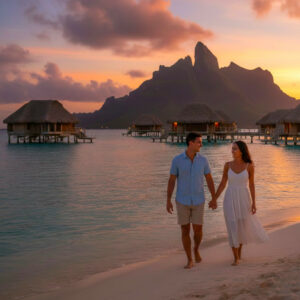 Couple main dans la main sur une plage au coucher du soleil pour un voyage de noces en Polynésie française, face aux montagnes.